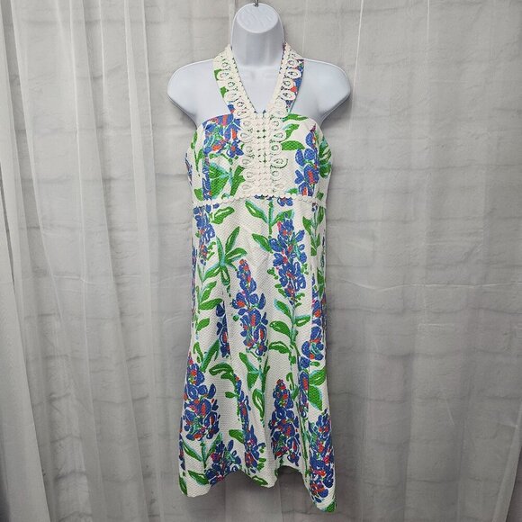 Lilly Pulitzer Dresses & Skirts - Lilly Pulitzer White Blue Floral Tie Halter Dress Backless Coquette Party 12